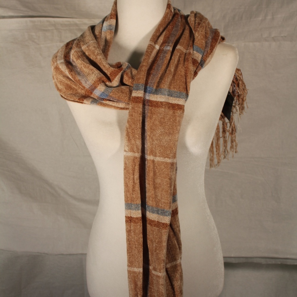 D&Y soft tan scarf with brown, cream & blue plaid